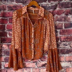 Free People Rust Floral Blouse with Bell Sleeves